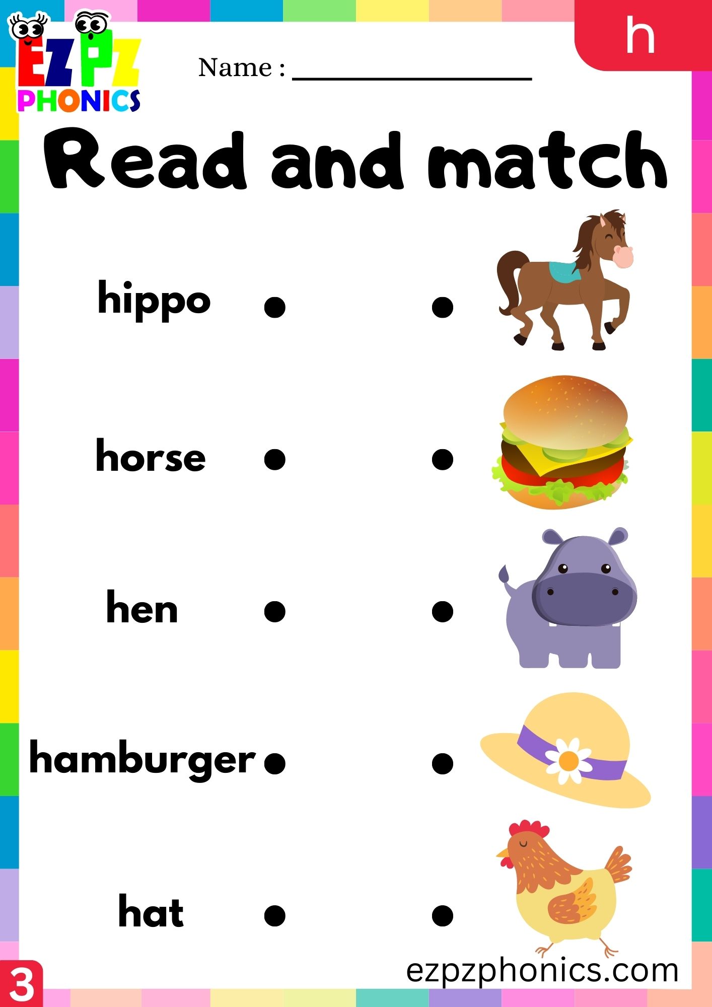 Letter h Read and Match the Images Phonics Activity Group 3